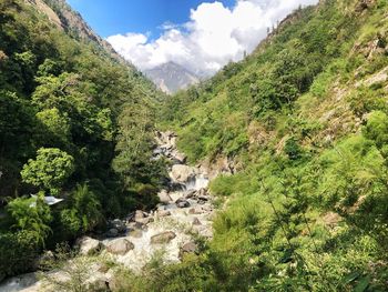 Scenic view of trees and mountains against sky