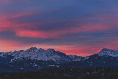 Scenic view of snowcapped mountains against sky during sunset
