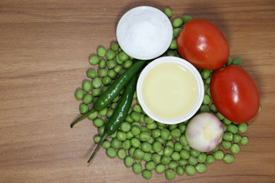 High angle view of fruits in bowl on table