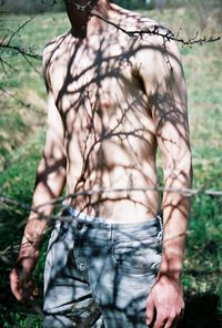 Low section of man standing on tree