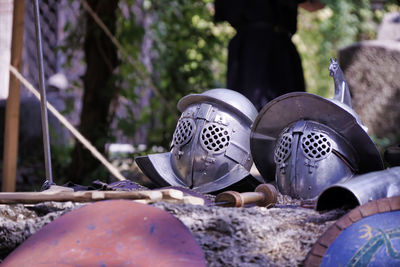 Close-up of  metal helmet