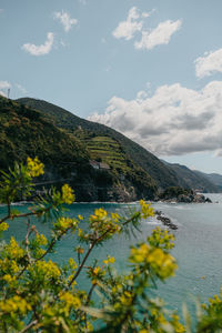 Scenic view of sea and mountains against sky