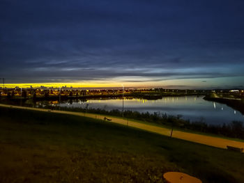 Scenic view of river against sky at sunset