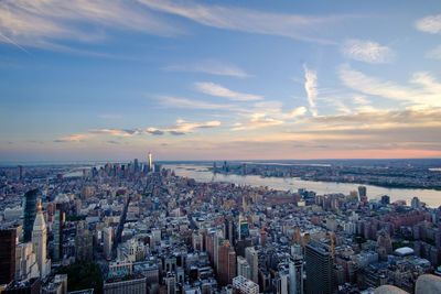 High angle view of buildings against sky during sunset