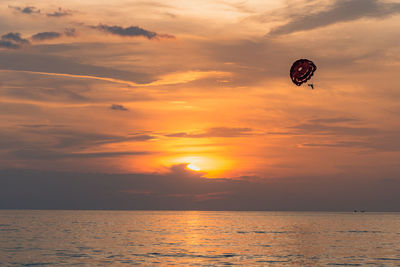 Sihouette paramotor pilot with a sunset sea scape as a background