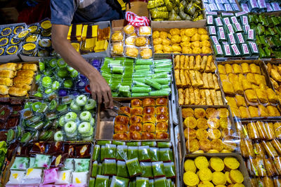 High angle view of food for sale at market stall