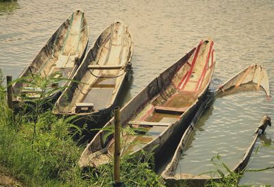 High angle view of abandoned boats moored at beach