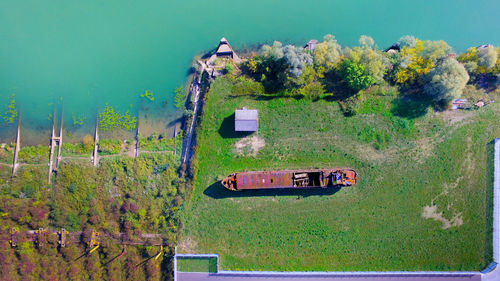 High angle view of car on road amidst trees