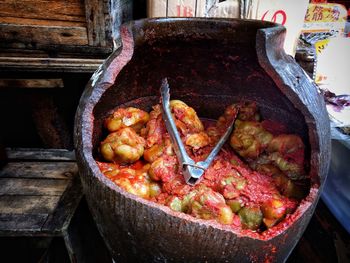 High angle view of meat in container