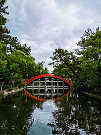 Arch bridge over river against sky