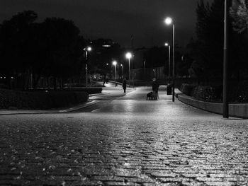 Wet road in city at night