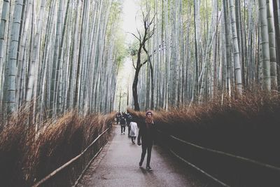Woman walking on road amidst trees in forest