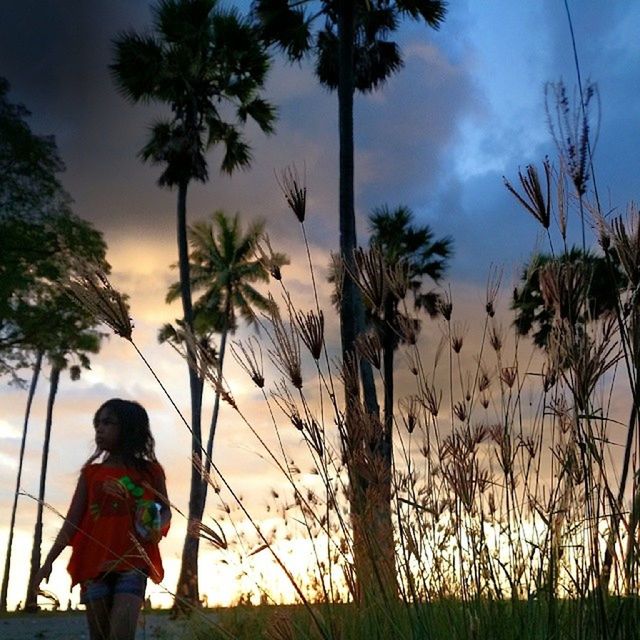 leisure activity, lifestyles, sky, tree, childhood, three quarter length, rear view, standing, holding, casual clothing, girls, nature, boys, men, full length, elementary age, cloud - sky