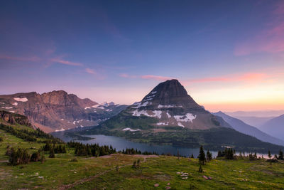 Scenic view of mountains against sky during sunset