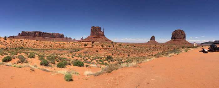 Panoramic view of desert against clear blue sky