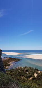 Scenic view of sea against clear blue sky