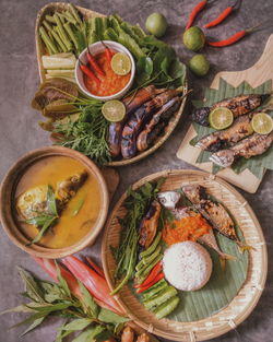 High angle view of fish served on table