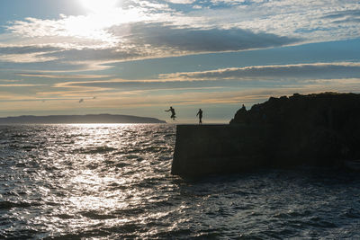 Silhouette birds by sea against sky during sunset