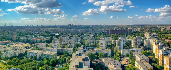 High angle view of buildings against sky