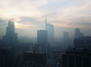 City skyline at sunset