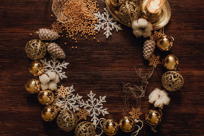 High angle view of christmas decoration on table