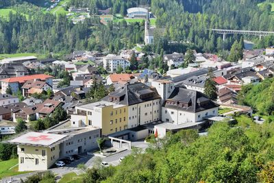 High angle view of houses in town