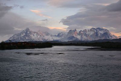 Scenic view of mountains against sky during sunset