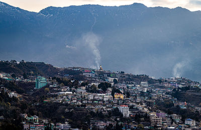 Tawang city view from mountain top at dawn from flat angle