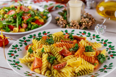 High angle view of meal served on table