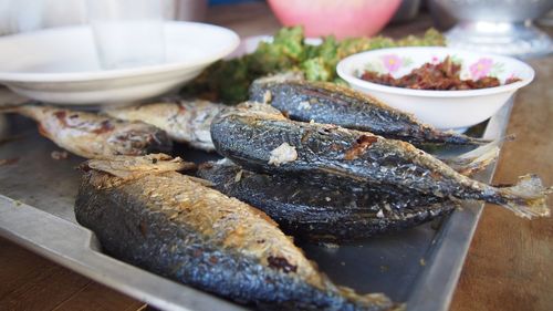 Close-up of fish in bowl on table