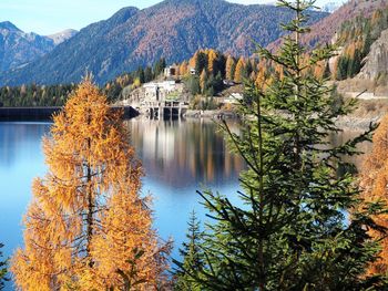 Reflection of trees in lake against sky