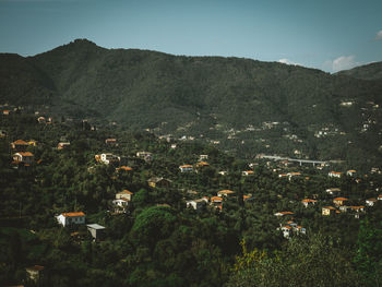 High angle view of town against mountains