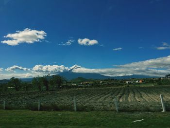 Scenic view of agricultural field against sky