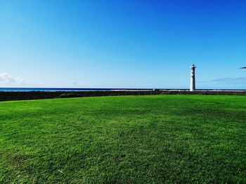 Scenic view of field against clear blue sky