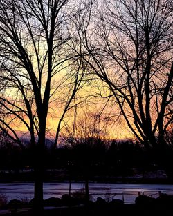 Silhouette bare trees by lake against sky during sunset