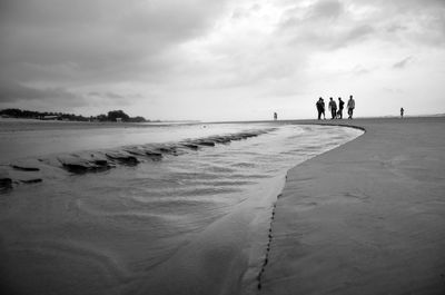 Friends standing at beach against cloudy sky