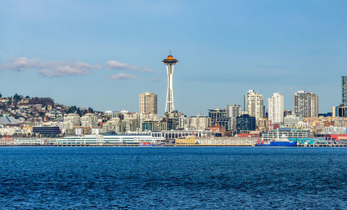 A view of architecture along the waterfront in seattle, washington.