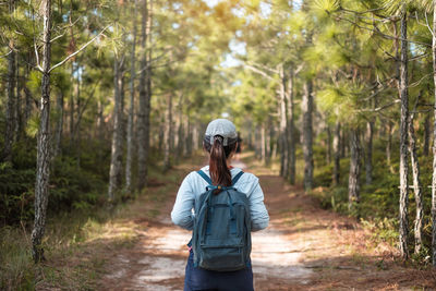 Woman standing on road amidst trees in forest