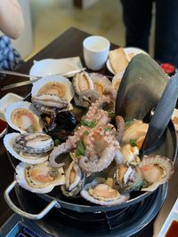 High angle view of food in plate on table