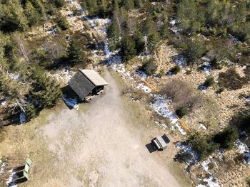 High angle view of messy field by trees