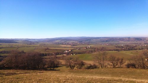 Scenic view of landscape against clear blue sky