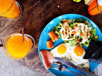 High angle view of breakfast served on table