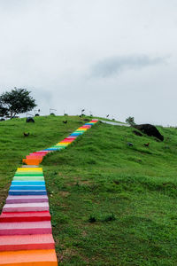 Scenic view of grassy field against sky with stairs