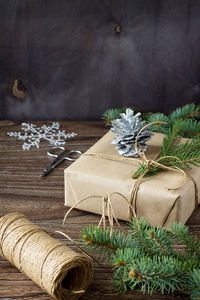 Close-up of christmas present on table