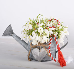 Close-up of red rose on table against white background
