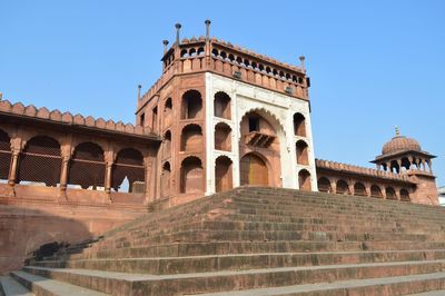 Low angle view of jama masjid against clear blue sky at bhopal