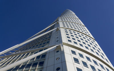 Low angle view of modern building against clear blue sky