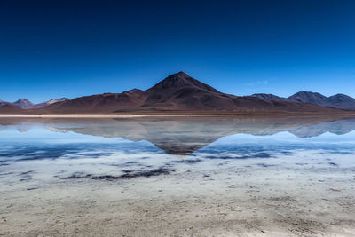 Scenic view of mountains against clear blue sky