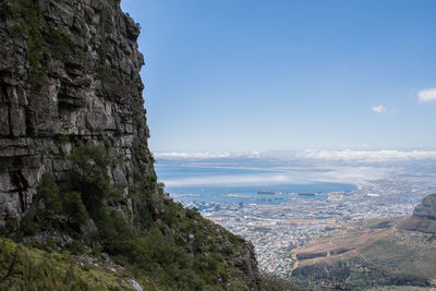 Aerial view of city by sea against sky