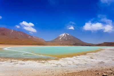 Scenic view of sea and mountains against blue sky